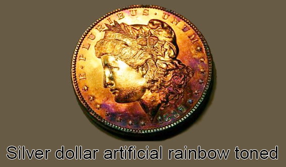 A silver dollar coin artificially toned