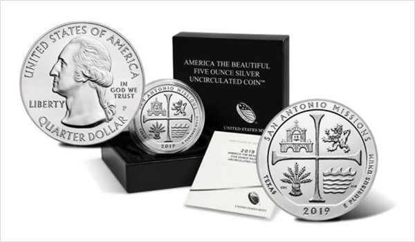 Uncirculated 2019-P San Antonio Missions National Historical Park Five Ounce Silver Coins