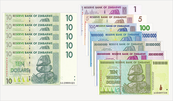 A starter set of Zimbabwe banknotes