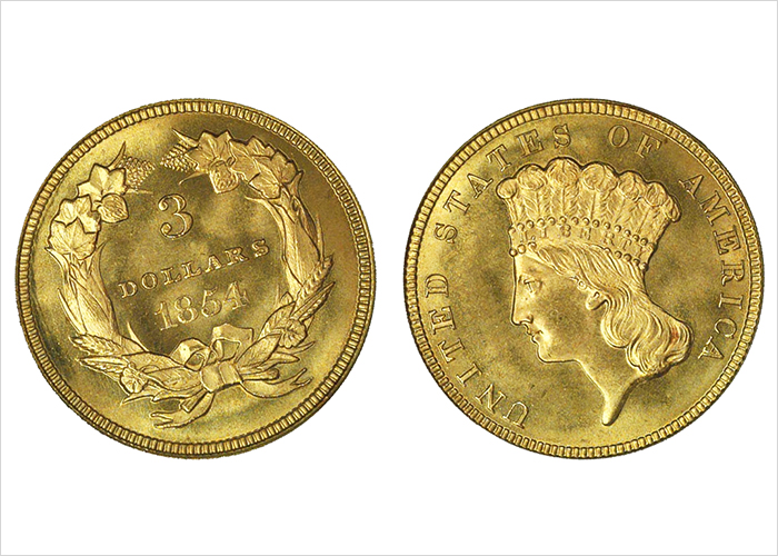 1854 Indian Princess Head $3 Gold Coin