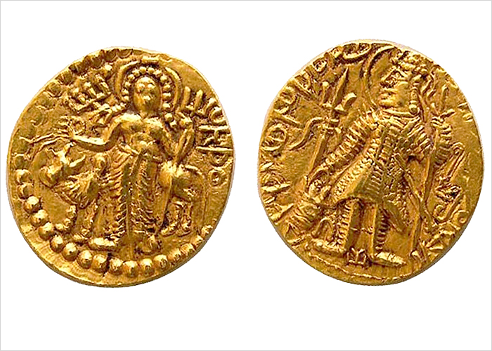 Kings of Kushan Gold Coin
Left: Image of Shiva (or Siva), one of the most important gods in the Hindu pantheon
Right: King standing while holding a trident 